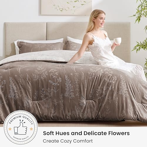 Love's cabin Light Taupe Full Comforter Set - Full Size Comforter Set, 3 Pieces Cute Floral Bedding Sets for All Seasons,1 Soft Reversible Botanical Flowers Comforter and 2 Pillow Shams