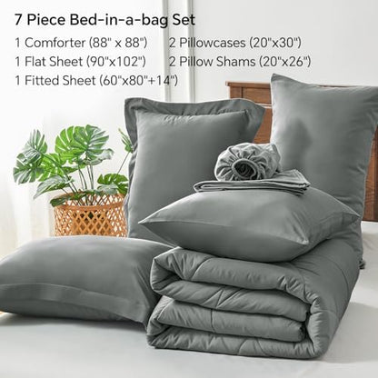 BEDELITE Queen Comforter Set 7 Pieces, Solid Dark Grey Bed in A Bag