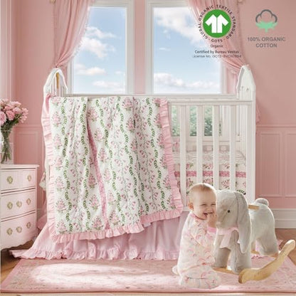 Brandream French Country Crib Bedding Set for Girls Pink Floral Stripes Vines Grandmillennial Cottagecore Print 100% Cotton Baby Girl Nursery Bedding - Ruffles Quilt,Crib Sheet,Crib Bed Skirt,3 Pieces