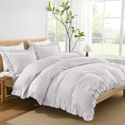 Andency Light Grey Gingham Duvet Cover Full, Ruffle Chic Bedding Set 3 Pcs