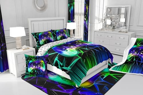Castle Fairy Modern Gamepad Twin Size Comforter Set for All Seasons,Kids Reversible Gaming Bedding Set Teens Bedroom Decor,Green Blue Honeycomb Comforter Inner Fill with 1 Pillowcase