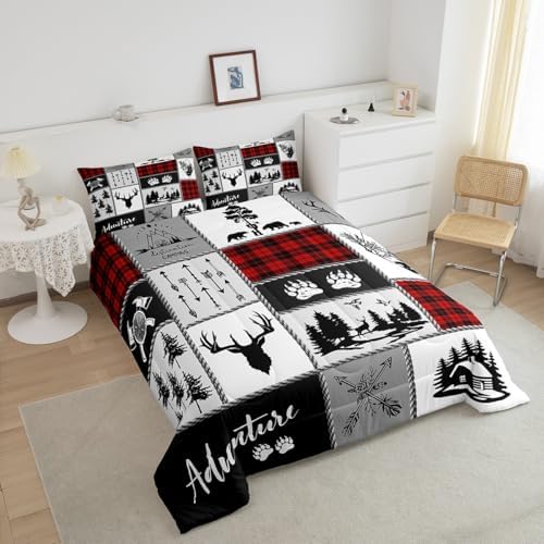 Deer Antlers Comforter Set King Size,Bear Paws Pine Trees Xmas Bedding Set for Kids Boys Girls Adults Room Decor,Lattices Patchwork Rustic Farmhouse Down Comforter,Red Duvet Insert,2 Pillowcases
