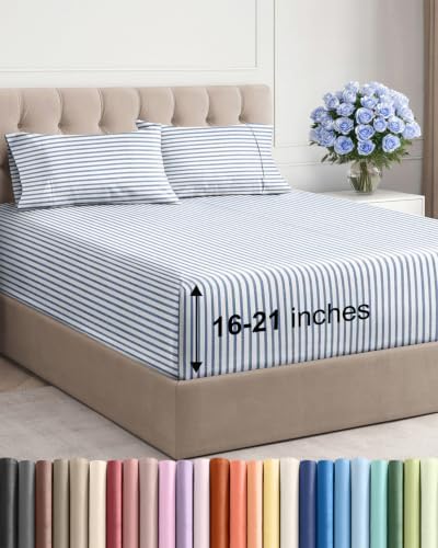 Extra Deep Pocket Full Size Sheet Set - Breathable & Cooling - Blue Stripes