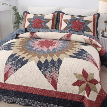 vctops Vintage Star Patchwork Cotton Bedspread Quilt Set (Navy,Queen)