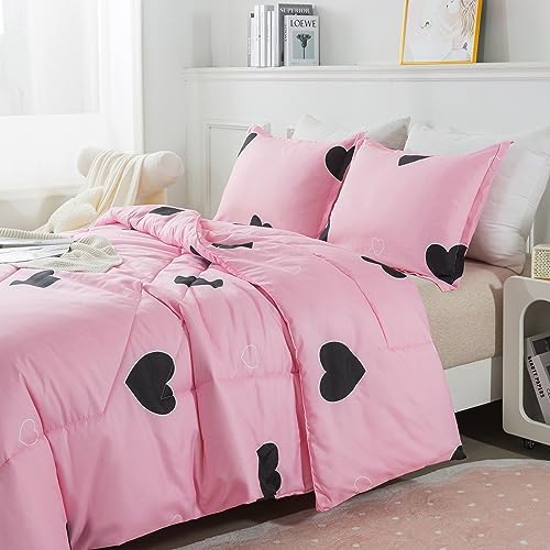 Caressma Pink Comforter Set Full Size Black Heart Set 3pcs with Pillowsham