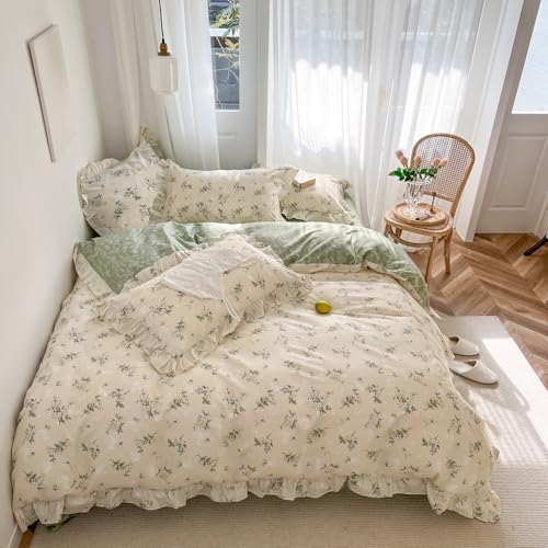 mixinni Reversible Sage Green Floral Duvet Cover Set King Size - 100% Cotton Cute Botanical Patterns Bedding Set with Ruffle Lace, 3PCs Beige Soft Aesthetic Cottagecore Style Duvet Cover for Girls