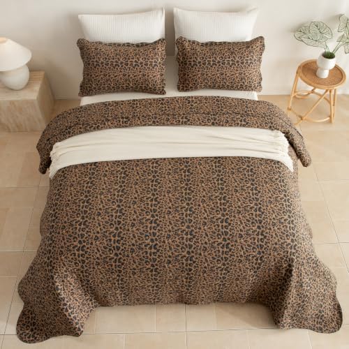 Lady Ann 100% Cotton King Quilt Set, Vintage Brown Leopard Pattern Printed Quilted Bedding, 3 Pcs Lightweight Coverlet, Ultra Soft Farmhouse Bedspread Set for All Season