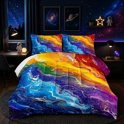 Nttopship Colorful Watercolor Comforter Tie Dye Bedding Set with 2 Pillowcase Twin Size Marbling Comforter Set for Kids Boys Girls Bedroom Decor