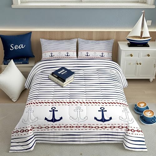 Boys Geometric Striped Bedding Set Navy Blue Anchor Comforter Set Twin Size Nautical Themed Quilted Duvet 2pcs for Kids Teens Men Adults Room Decor Sea Adventure Duvet Insert White,1 Pillowcase
