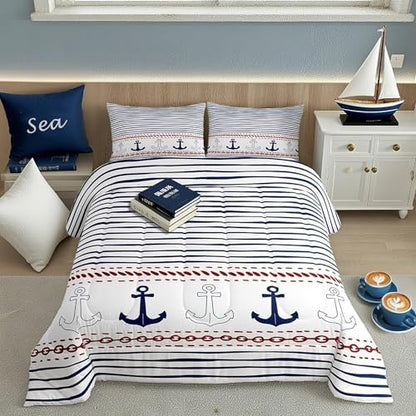 Boys Geometric Striped Bedding Set Navy Blue Anchor Comforter Set Twin Size Nautical Themed Quilted Duvet 2pcs for Kids Teens Men Adults Room Decor Sea Adventure Duvet Insert White,1 Pillowcase