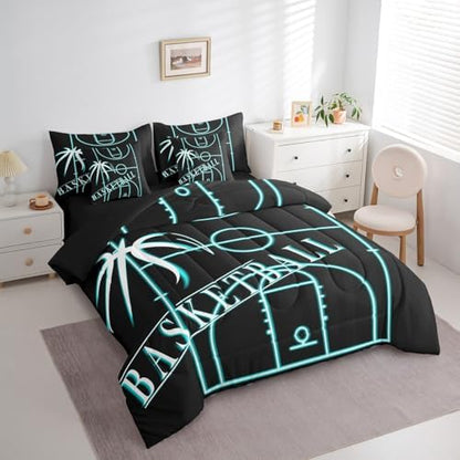 Sports Bedding Twin Size 7Pcs for Boys Basketball Comforter Set, Basketball Game Bedding Comforter Sets Black Teal Bed in a Bag, Neon Blue Basketball Court Bedding Accessories (Black Reversible)