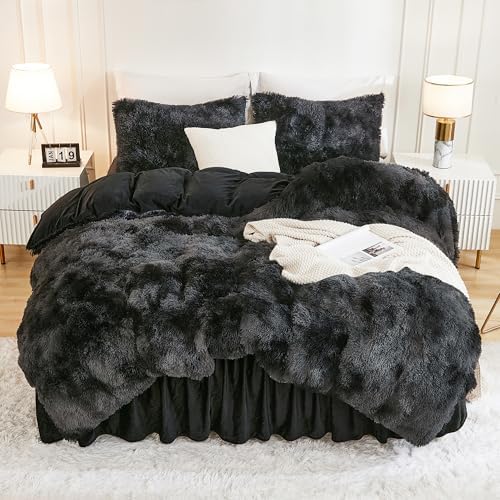 Andency Tie-Dyed Black Grey Queen Comforter Set, Fluffy Faux Fur Bed Set