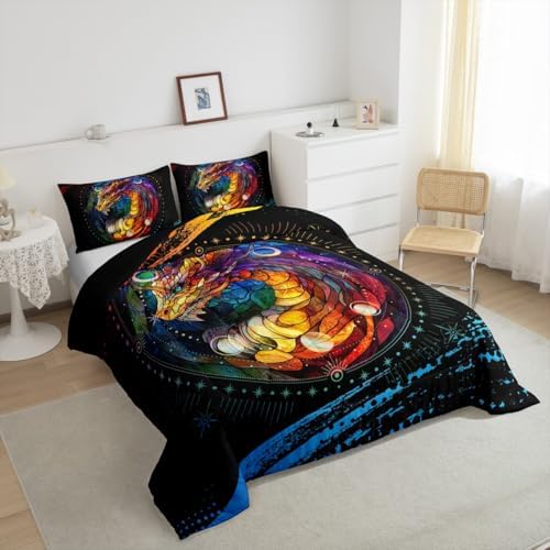 Feelyou Dragon Comforter Set Queen Size Dragon Stuff Comforter for Boys Girls Teens Wild Life Bedding Set Dragon Decor Duvet Set Room Decor Black Orange Yellow Quilt Set