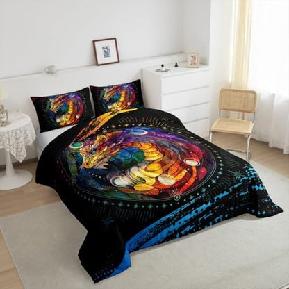 Feelyou Dragon Comforter Set Queen Size Dragon Stuff Comforter for Boys Girls Teens Wild Life Bedding Set Dragon Decor Duvet Set Room Decor Black Orange Yellow Quilt Set