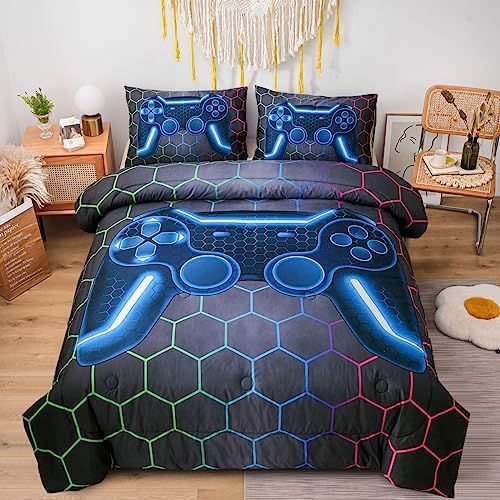 NTBED Game Console Comforter Set for Boys Girls Kids 3D Gaming Geometric Lightweight Microfiber Bedding Sets (Multi, Full)