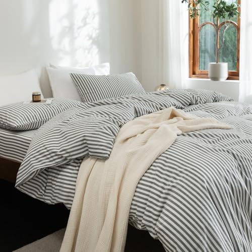 FOSSA Striped Duvet Cover Set 100% Washed Cotton Linen Feel Queen