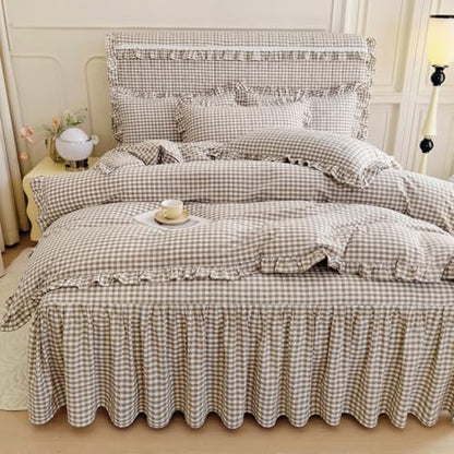 mixinni Tan Gingham Ruffle Duvet Cover Twin Size 3 Pieces – 100% Washed Cotton, Vintage Plaid Ruffled Bedding Set with Zipper Ties, Soft Cream Checkered Grid Farmhouse Chic Comforter Cover Set