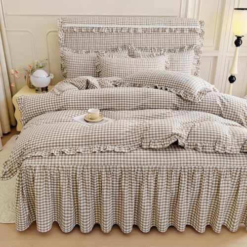 mixinni Tan Gingham Ruffle Duvet Cover King Size 3 Pieces – 100% Washed Cotton, Vintage Plaid Ruffled Bedding Set with Zipper Ties, Soft Cream Checkered Grid Farmhouse Chic Comforter Cover Set