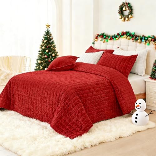 Quilt Set Oversized King Size 120x120 Luxurious Velvet Bedding Sets with 2 Pillow Shams 20x36 3 Pieces Ultra Soft Quilted Bedspread Coverlet Comforter for All Season,Red