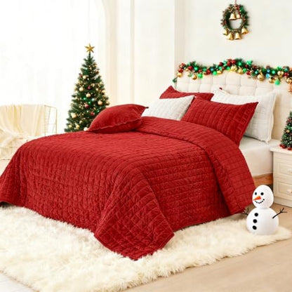 Quilt Set Oversized King Size 120x120 Luxurious Velvet Bedding Sets with 2 Pillow Shams 20x36 3 Pieces Ultra Soft Quilted Bedspread Coverlet Comforter for All Season,Red