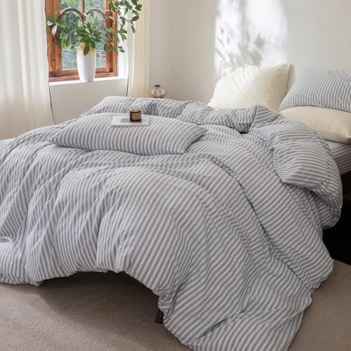 FOSSA Striped Duvet Cover Set 100% Washed Cotton Linen Feel Twin