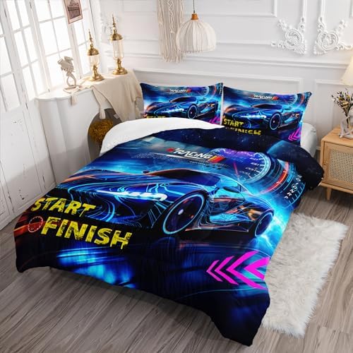 AILONEN Black Racing Car Comforter Set Full Size, Extreme Sports Theme Bedding for Kids Boys, Modern Race Bed in a Bag, Cool Sports Duvet Set, 1 Quilt 2 Pillowcases, 3 Pcs