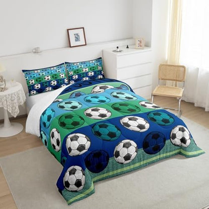 Homewish Soccer Pattern Comforter Set,Blue Gray Stripe Bedding Set for Kids Girls Boys,Teens Adults Soccer Sports Comforter,Sport Gaming Quilted Duvet Set Bedroom Collection Twin Size 2Pcs