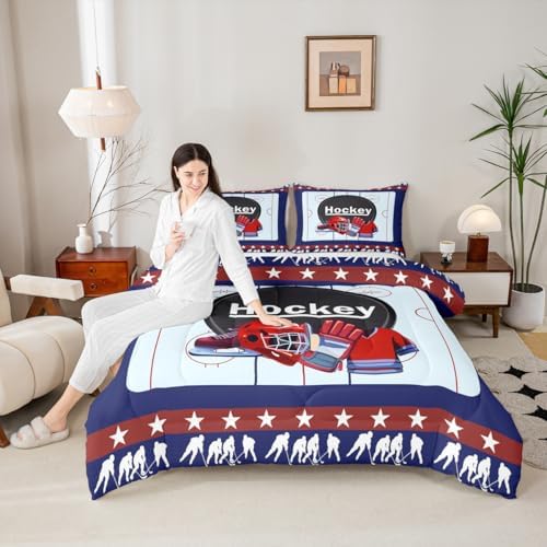 Homewish Ice Hockey Field Full Size Comforter Set,Sports Gaming Bedding Set for Adults Teens,Children Helmet Skates Comforter Luxury Hockey Sport Player Quilt Set Room Decor 3Pcs