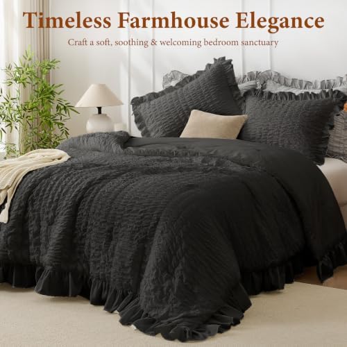 JOLLYVOGUE Black King Comforter Set, 3 Pieces Seersucker Comforters King Size, Lightweight & Fluffy Bedding Sets King for All Season with 1 Ruffle Comforter and 2 Ruffle Pillowshams