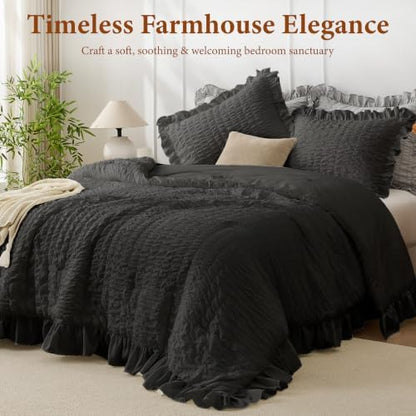 JOLLYVOGUE Black King Comforter Set, 3 Pieces Seersucker Comforters King Size, Lightweight & Fluffy Bedding Sets King for All Season with 1 Ruffle Comforter and 2 Ruffle Pillowshams