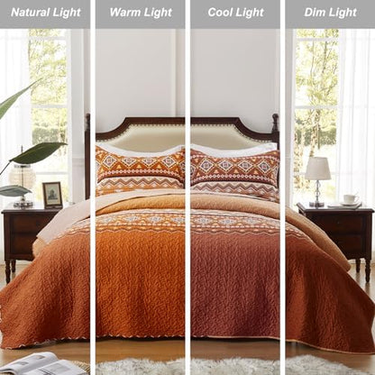 LEAONME 2 Pieces Twin Size Quilt Set Burnt Orange Rust Bohemian Bedspread Coverlet Lightweight Microfiber Bedding Set 68x86 Inch Bed Cover for All Seasons (1 Quilt, 1 Pillow Sham)