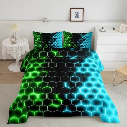 Feelyou Green Blue Honeycomb Bedding Set Fluorescent Geometrics Hexagon Comforter Set Beehive Hexagon Comforter for Boys Girls Geometric Duvet Set Queen Size Quilt 3Pcs Boys