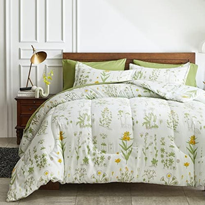 Joyreap 7 Piece Bed in a Bag King, Green Leaves Yellow Flower Botanical Design, Smooth Soft Microfiber Comforter Set (1 Comforter, 2 Pillow Shams, 1 Flat Sheet, 1 Fitted Sheet, 2 Pillowcases)
