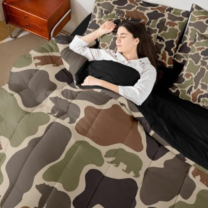 Erosebridal Bear Camo Bed in A Bag 7 Pcs Camouflage Hunting Bear Comforter Set for Women Men Rustic Camo Army Wildlife Bedding Sets King Green Military Woodland Animals Sheet Set with Comforter