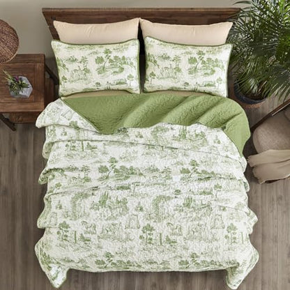 Drucon Sage Green Farmhouse Quilt Set King Size, Spring Toile Rustic Bedspreads, 3 Pieces Village Landscape Printed Coverlet, Soft Microfiber Quilt Bedding Set for All Season (106x90 Inch)