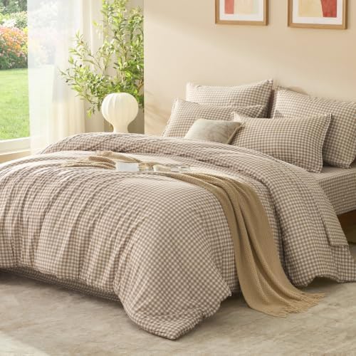 Litanika King Size Comforter Set 7 Pieces Earthy Tan Gingham