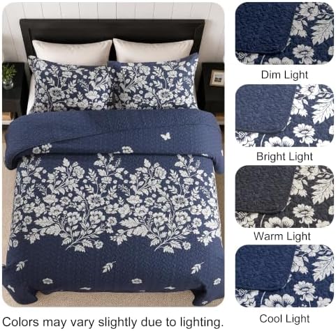 100% Cotton Reversible Floral Quilt Set, Navy, Queen Size, 90x98