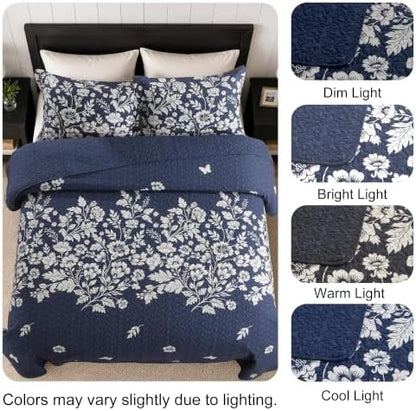 100% Cotton Reversible Floral Quilt Set, Navy, Queen Size, 90x98