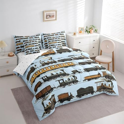 Erosebridal 7 Pcs Vintage Steam Train Comforter Set for Boys Kids Travel Locomotive Train Twin Bedding Set with Sheets for Teens Men Transport Vehicle Bed in A Bag Steampunk Railway Bed Sets Blue