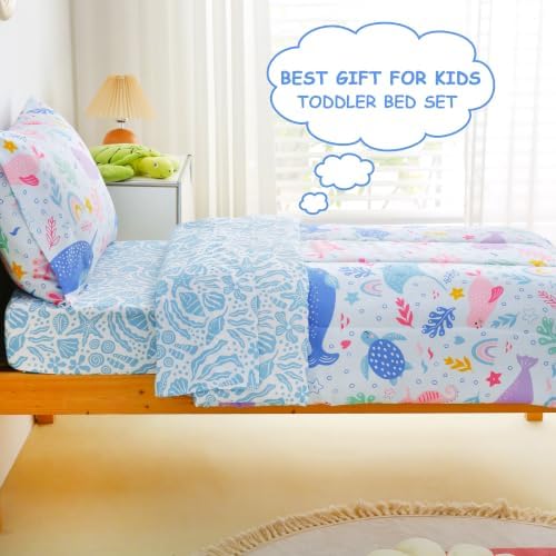 Mooreeke Toddler Bedding Sets for Girls,4 Pieces Blue Ocean Animals Printed