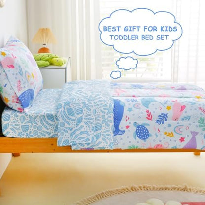 Mooreeke Toddler Bedding Sets for Girls,4 Pieces Blue Ocean Animals Printed
