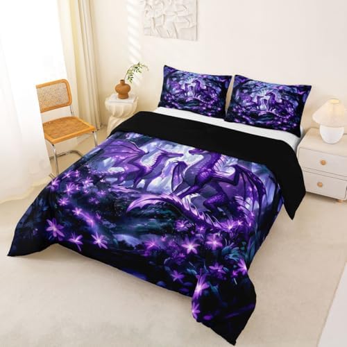 Feelyou Dragon Bedding Set Soft for Boys Girls, Magical Beast Comforter Set King Size Jungle Duvet Quilt Microfiber Wild Animal Bedroom Decor Fantasy Animal 3 Pcs with 2 Pillow Cases