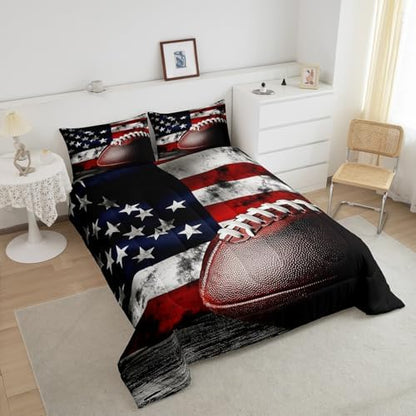 American Ball Games Bedding Set Toddler Size Vintage USA Flag Print Comforter for Child Teens Boys Rugby Football Down Comforter Bedroom Decor Modern Sports Duvet Insert with 1 Pillowcase