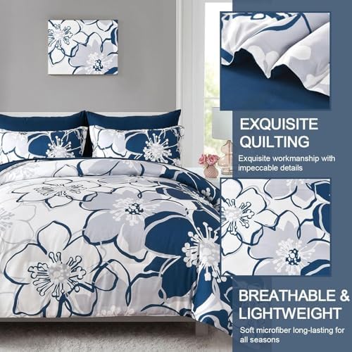 Anibedding Navy Floral Comforter Set Full Size 7 Piece, Blue Flower Bed in a Bag, Elegant Botanical Floral Comforter Soft Microfiber Complete Bedding Set for All Season, (Navy, 78''x90'')