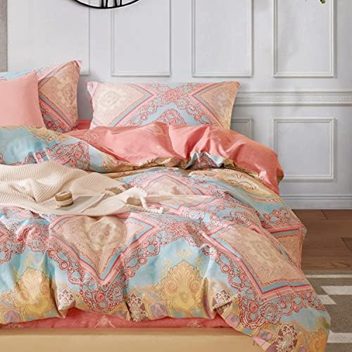 SAPHREAS Twin Size Bohemian Duvet Cover Set 2pcs Pink Cotton Boho Bedding Comforter Cover Set Blue 1 Duvet Cover 1 Pillow Sham