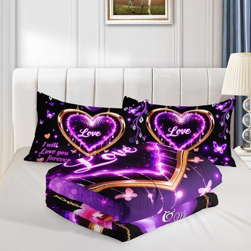 QOOMO Purple Love Heart Kids Comforter Set Queen Size