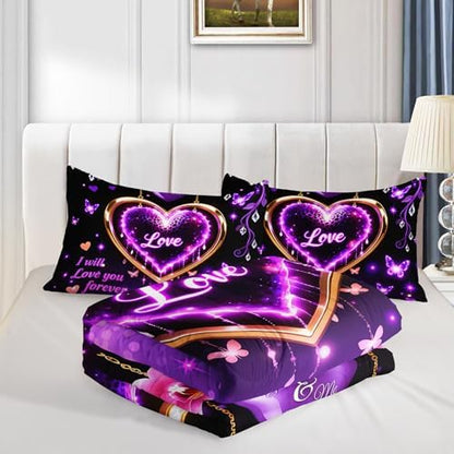 QOOMO Purple Love Heart Kids Comforter Set Twin Size