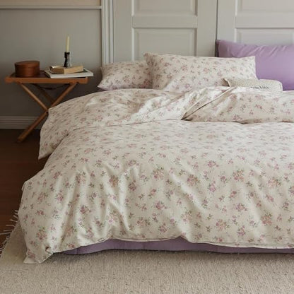 Vintage Garden Floral Comforter Set Full Size Cute Pink Floral Bedding Comforter Soft Fluffy Reversible Botanical Flowers Comforter with 2 Pillowcases Boho Cottagecore Bedding Full Comforter Set