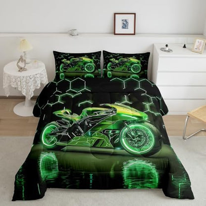 Feelyou Kids Dirt Bike Comforter Set,Extreme Sports Motocross Bedding Set Toddler Size,Boys Bedroom Room Decor,Green Neon Honeycomb Racing Motocross Comforter,Motorcycle Teens Bed Set for All Season