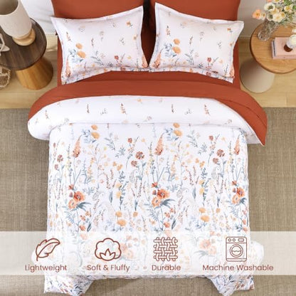 7 Piece Floral Full Size Comforter Set,Burnt Orange Cute Bedding for Girls